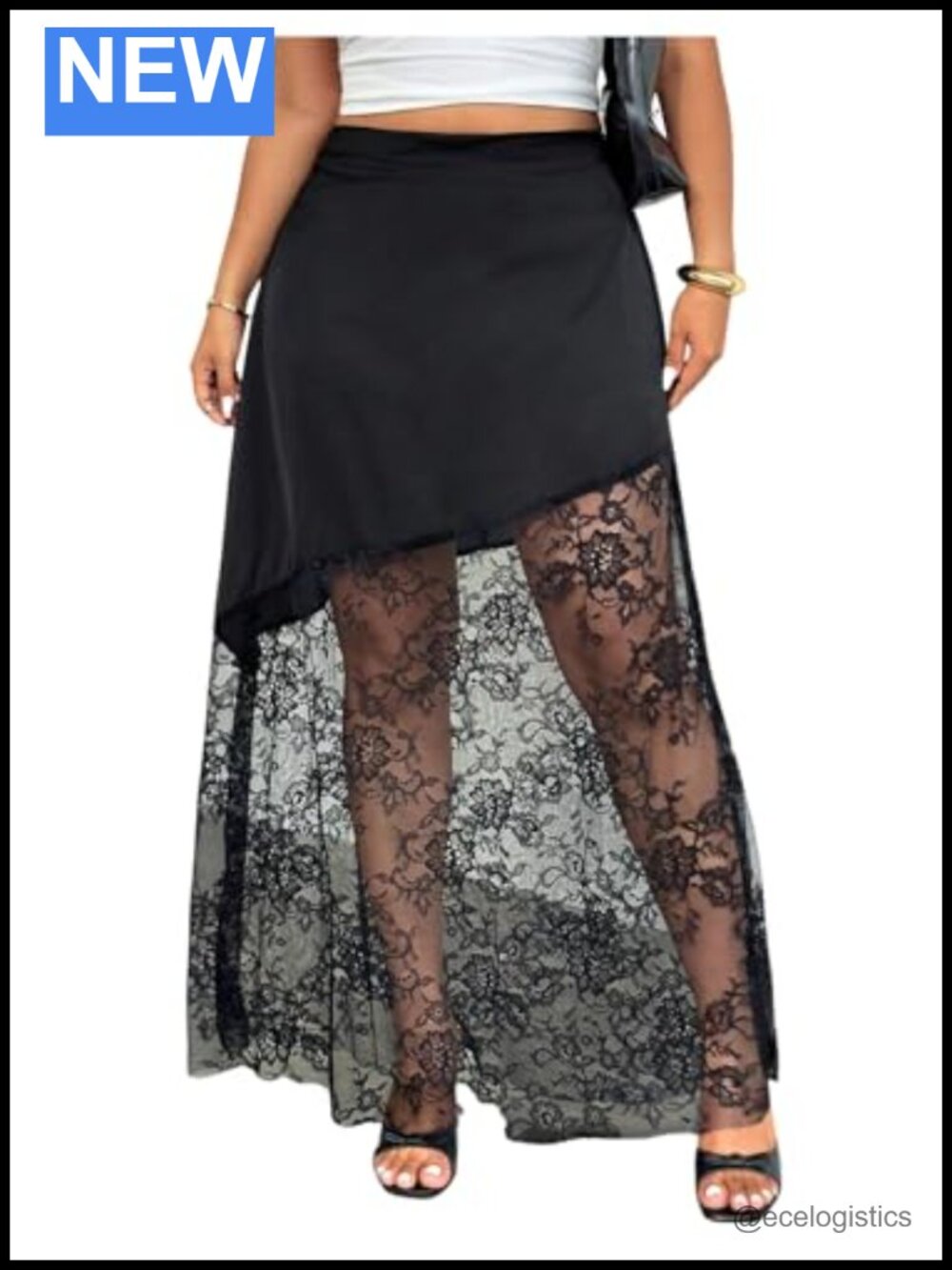 Plus Size Satin Lace Patchwork High Waisted A-Line Maxi Skirt